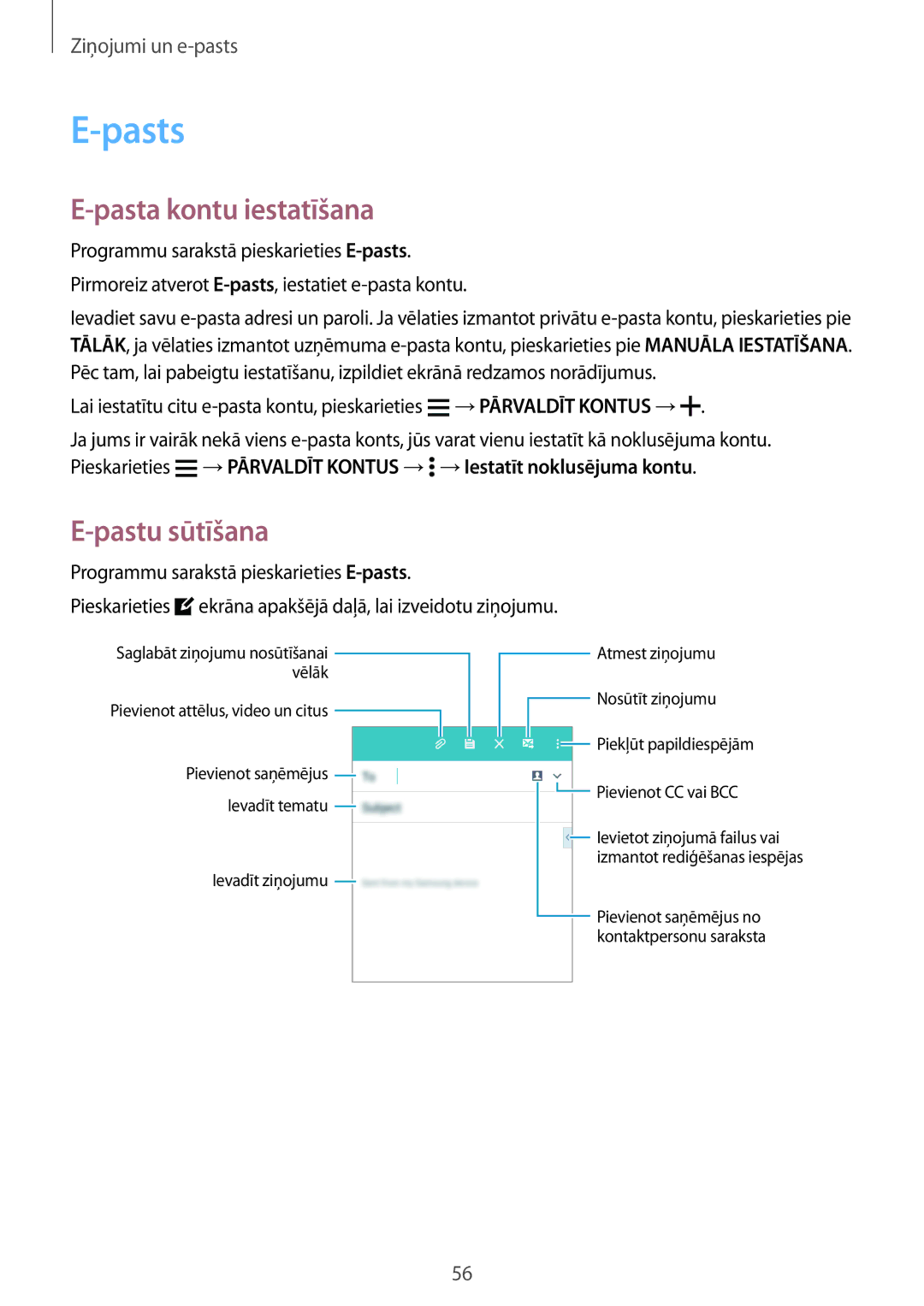 Samsung SM-A300FZDUSEB, SM-A300FZKDROM, SM-A300FZWDROM manual Pasts, Pasta kontu iestatīšana, Pastu sūtīšana 