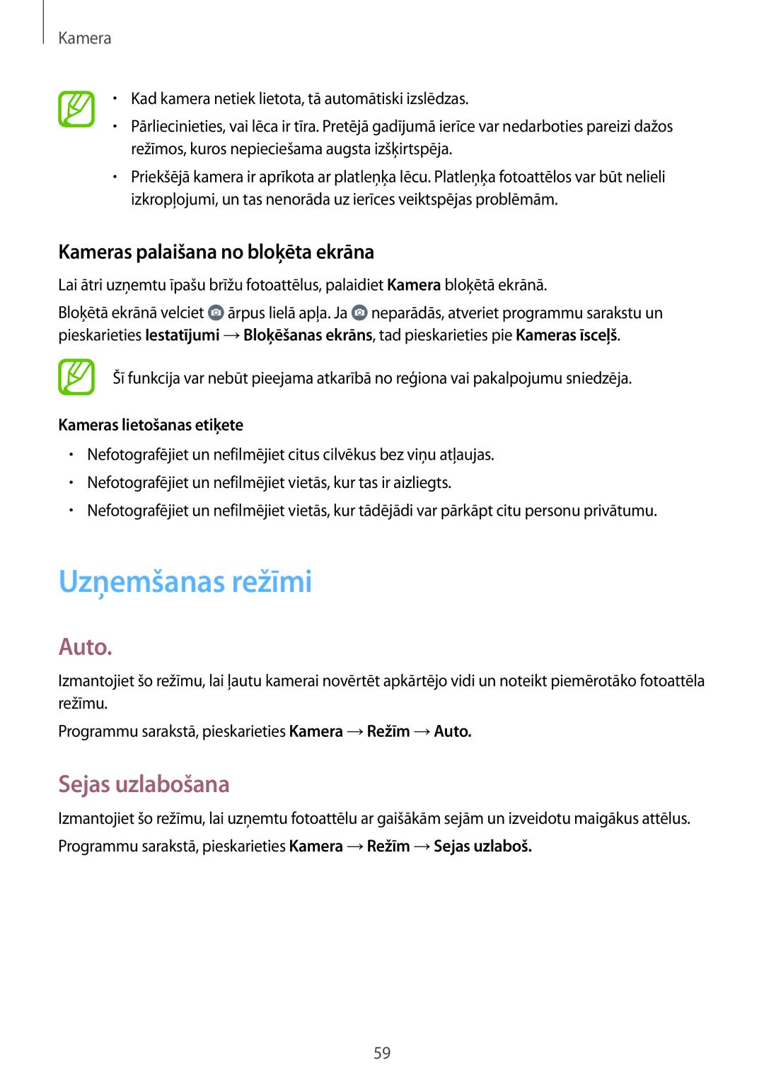 Samsung SM-A300FZDUSEB, SM-A300FZKDROM manual Uzņemšanas režīmi, Auto, Sejas uzlabošana, Kameras palaišana no bloķēta ekrāna 