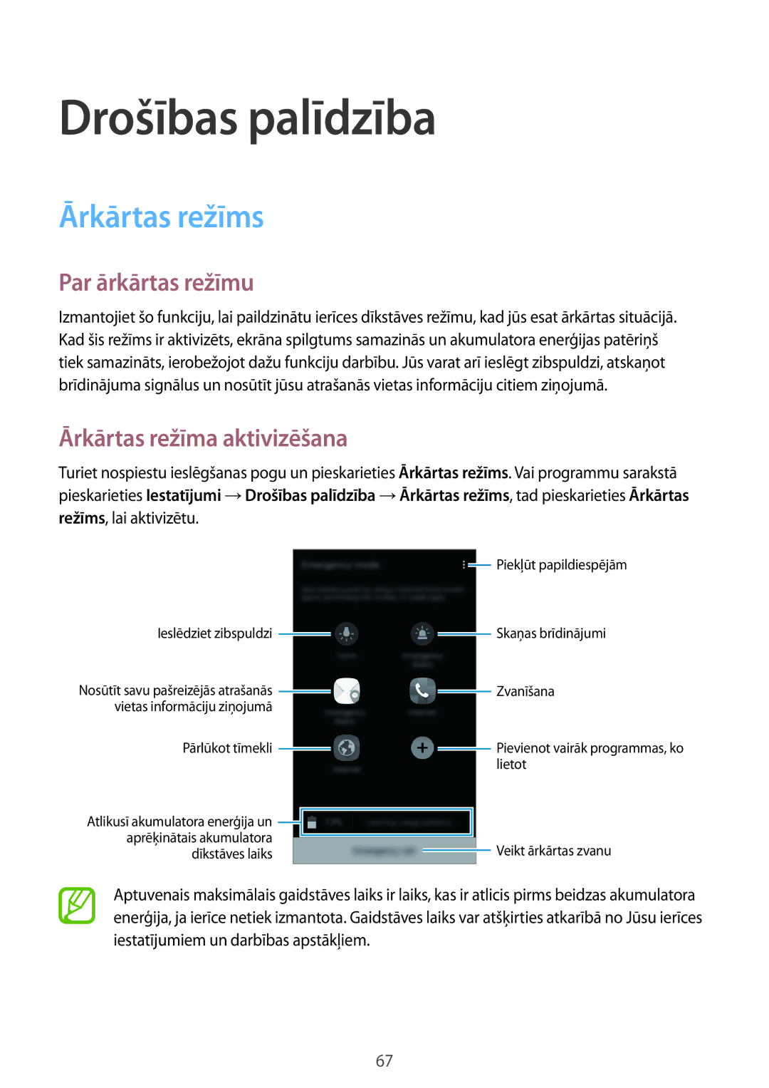 Samsung SM-A300FZWDROM manual Drošības palīdzība, Ārkārtas režīms, Par ārkārtas režīmu, Ārkārtas režīma aktivizēšana 