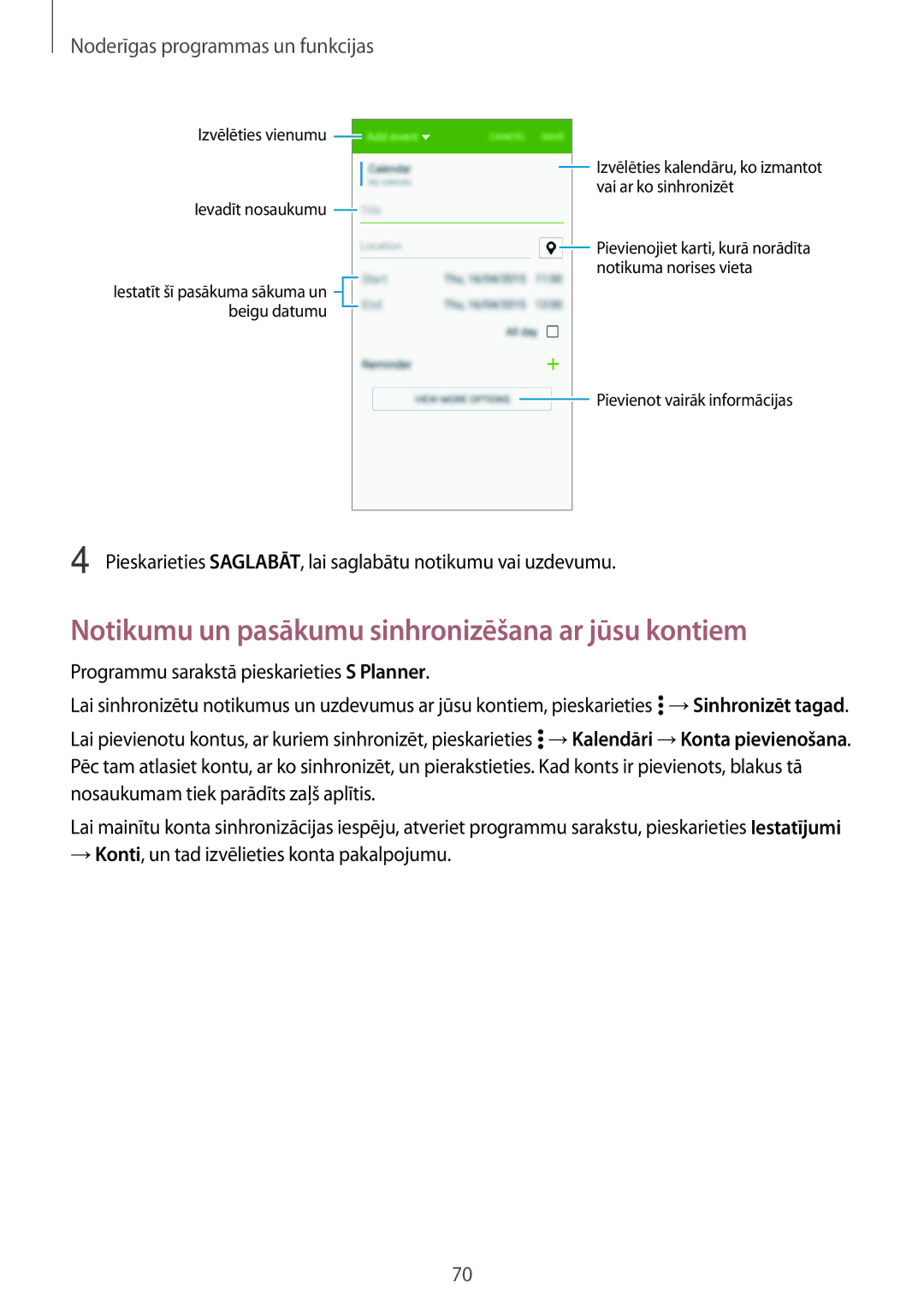 Samsung SM-A300FZWDROM manual Notikumu un pasākumu sinhronizēšana ar jūsu kontiem, Noderīgas programmas un funkcijas 