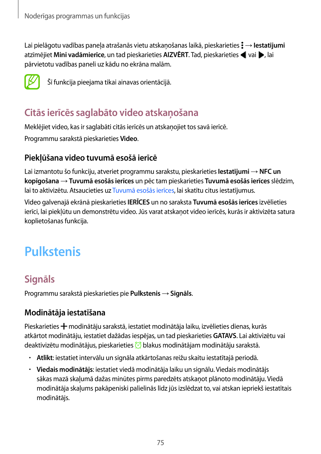 Samsung SM-A300FZKDROM manual Pulkstenis, Citās ierīcēs saglabāto video atskaņošana, Signāls, Modinātāja iestatīšana 