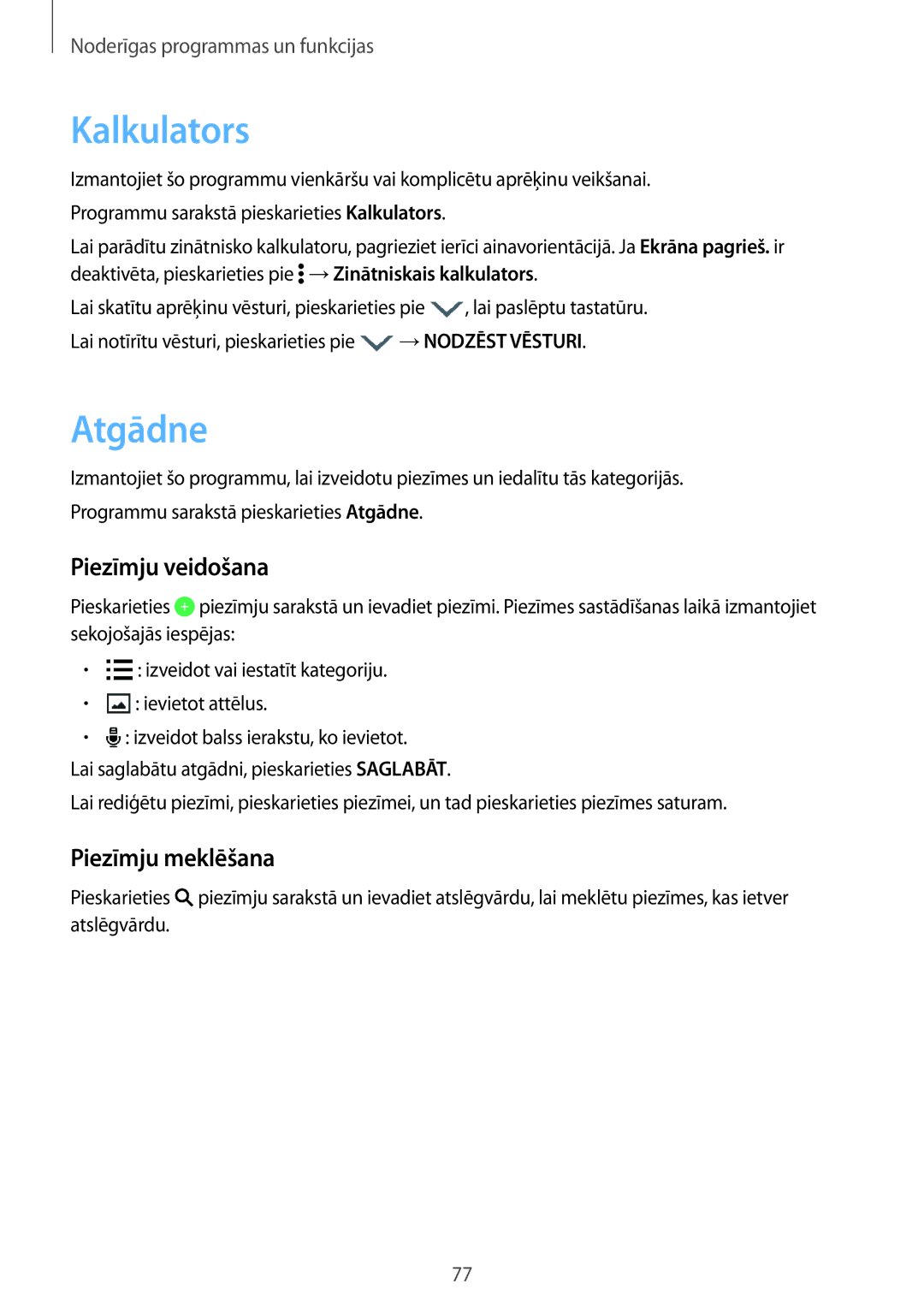 Samsung SM-A300FZDUSEB, SM-A300FZKDROM, SM-A300FZWDROM manual Kalkulators, Atgādne, Piezīmju veidošana, Piezīmju meklēšana 