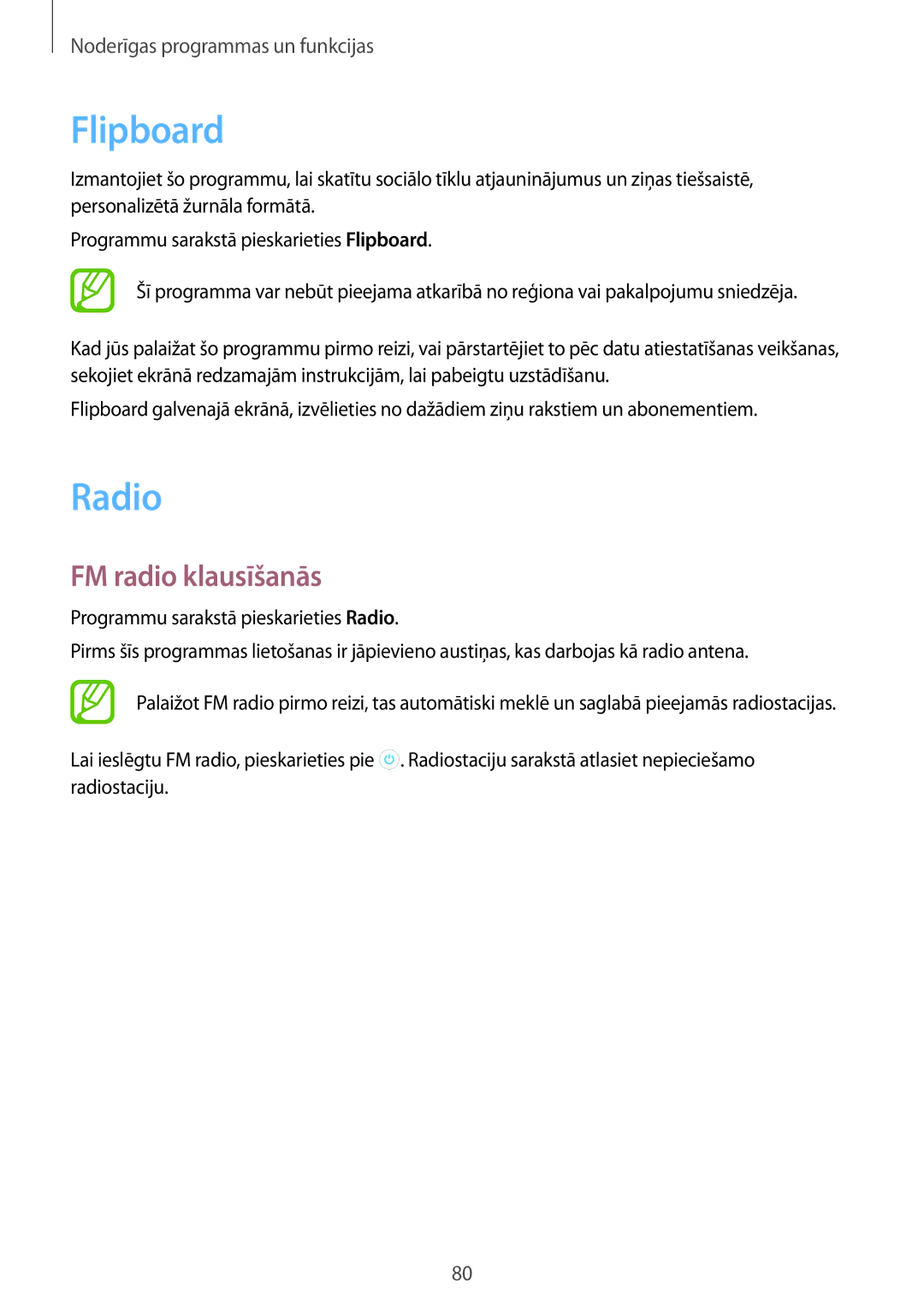Samsung SM-A300FZDUSEB, SM-A300FZKDROM, SM-A300FZWDROM manual Flipboard, Radio, FM radio klausīšanās 