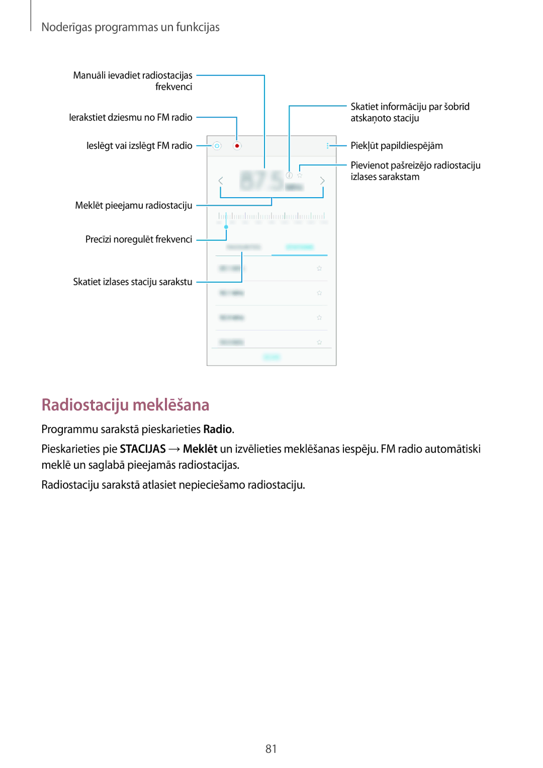 Samsung SM-A300FZKDROM, SM-A300FZWDROM, SM-A300FZDUSEB manual Radiostaciju meklēšana 