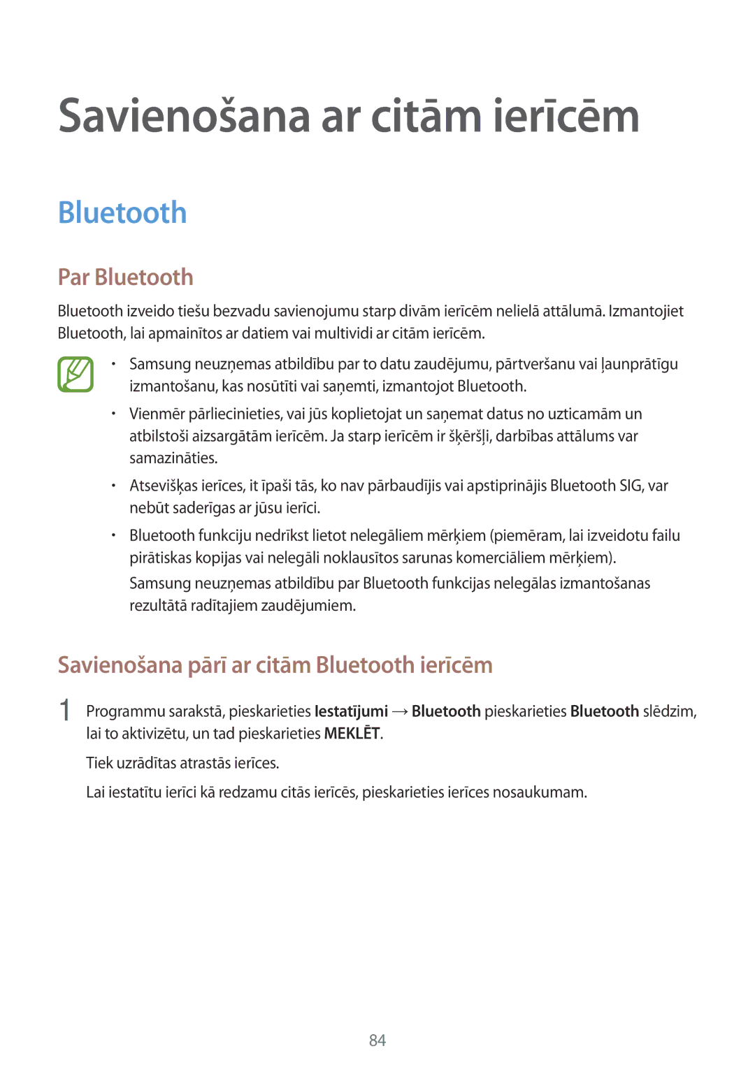 Samsung SM-A300FZKDROM, SM-A300FZWDROM, SM-A300FZDUSEB manual Par Bluetooth, Savienošana pārī ar citām Bluetooth ierīcēm 