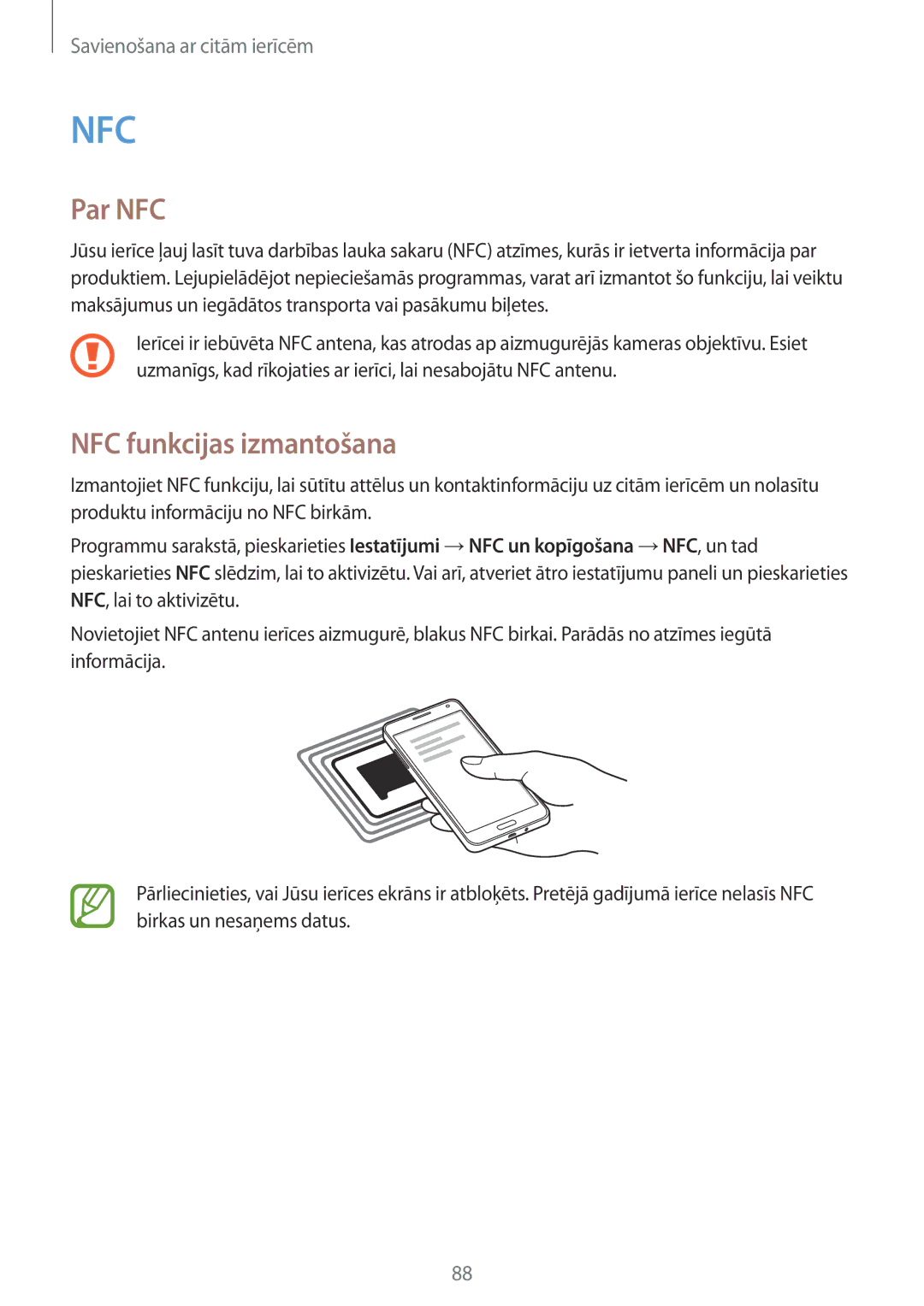 Samsung SM-A300FZWDROM, SM-A300FZKDROM, SM-A300FZDUSEB manual Par NFC, NFC funkcijas izmantošana 