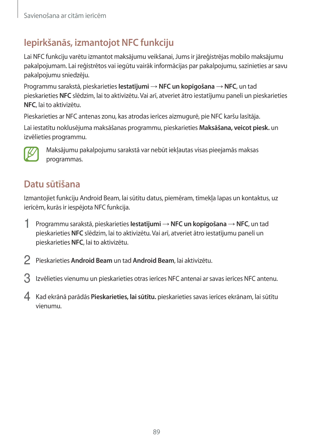 Samsung SM-A300FZDUSEB, SM-A300FZKDROM, SM-A300FZWDROM manual Iepirkšanās, izmantojot NFC funkciju, Datu sūtīšana 