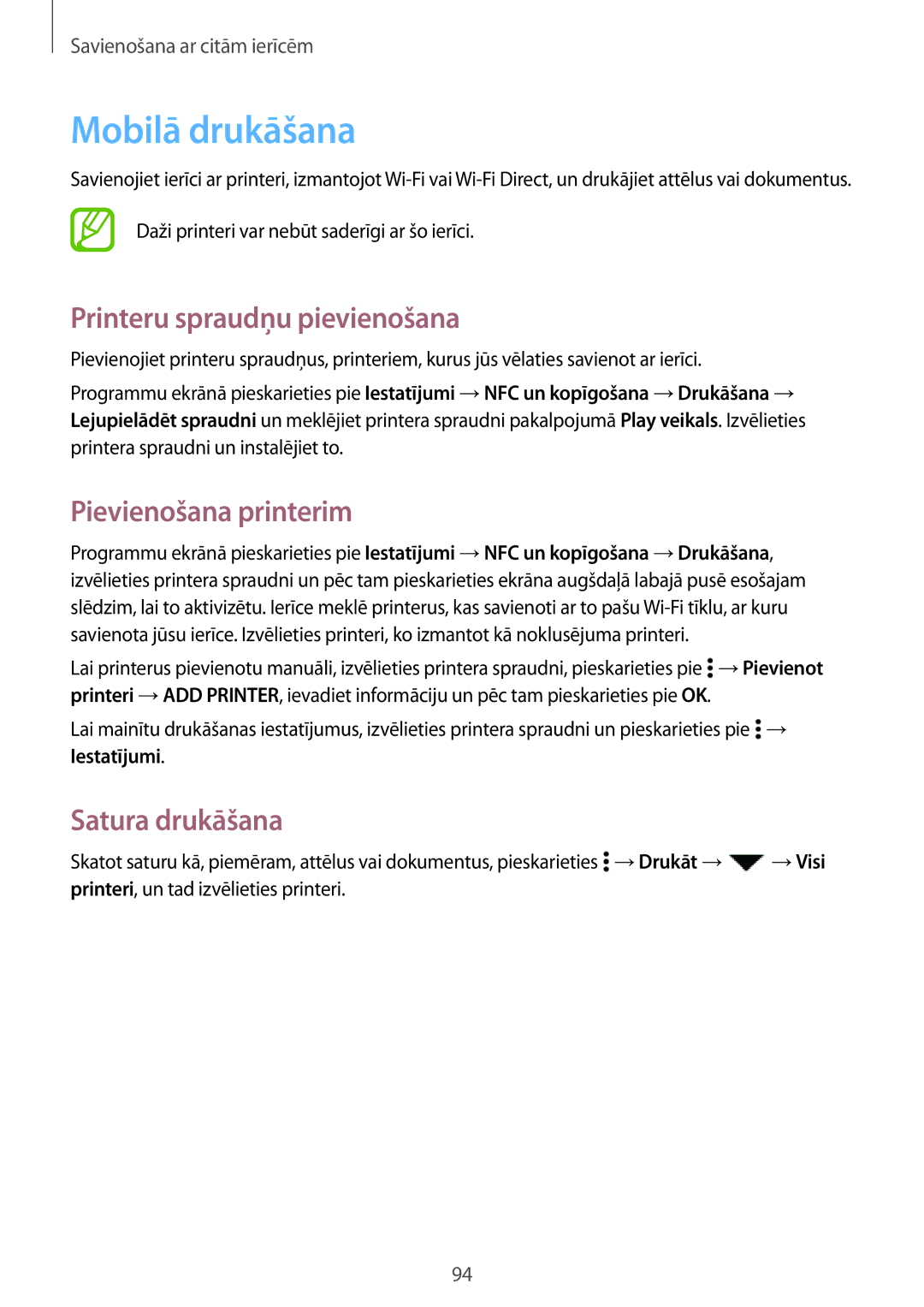 Samsung SM-A300FZWDROM manual Mobilā drukāšana, Printeru spraudņu pievienošana, Pievienošana printerim, Satura drukāšana 