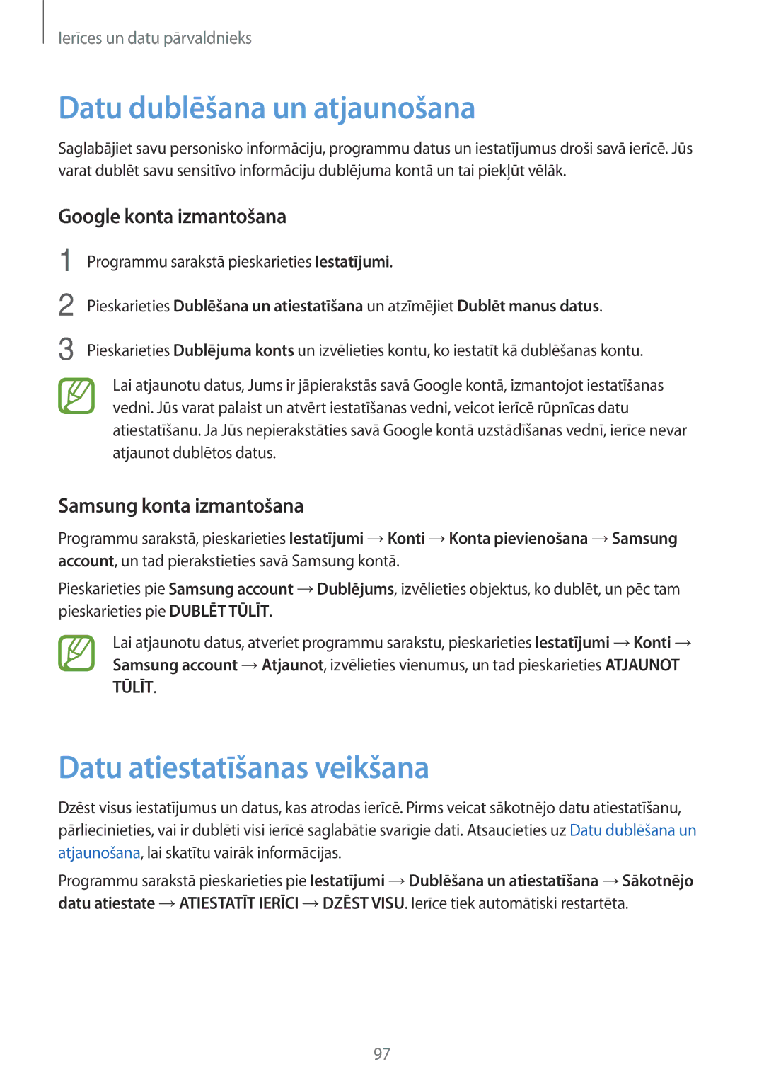 Samsung SM-A300FZWDROM manual Datu dublēšana un atjaunošana, Datu atiestatīšanas veikšana, Google konta izmantošana 