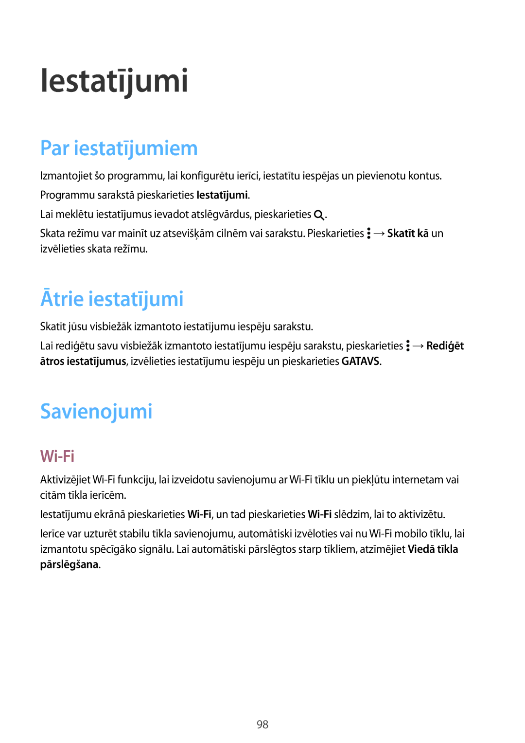 Samsung SM-A300FZDUSEB, SM-A300FZKDROM manual Iestatījumi, Par iestatījumiem, Ātrie iestatījumi, Savienojumi, Wi-Fi 