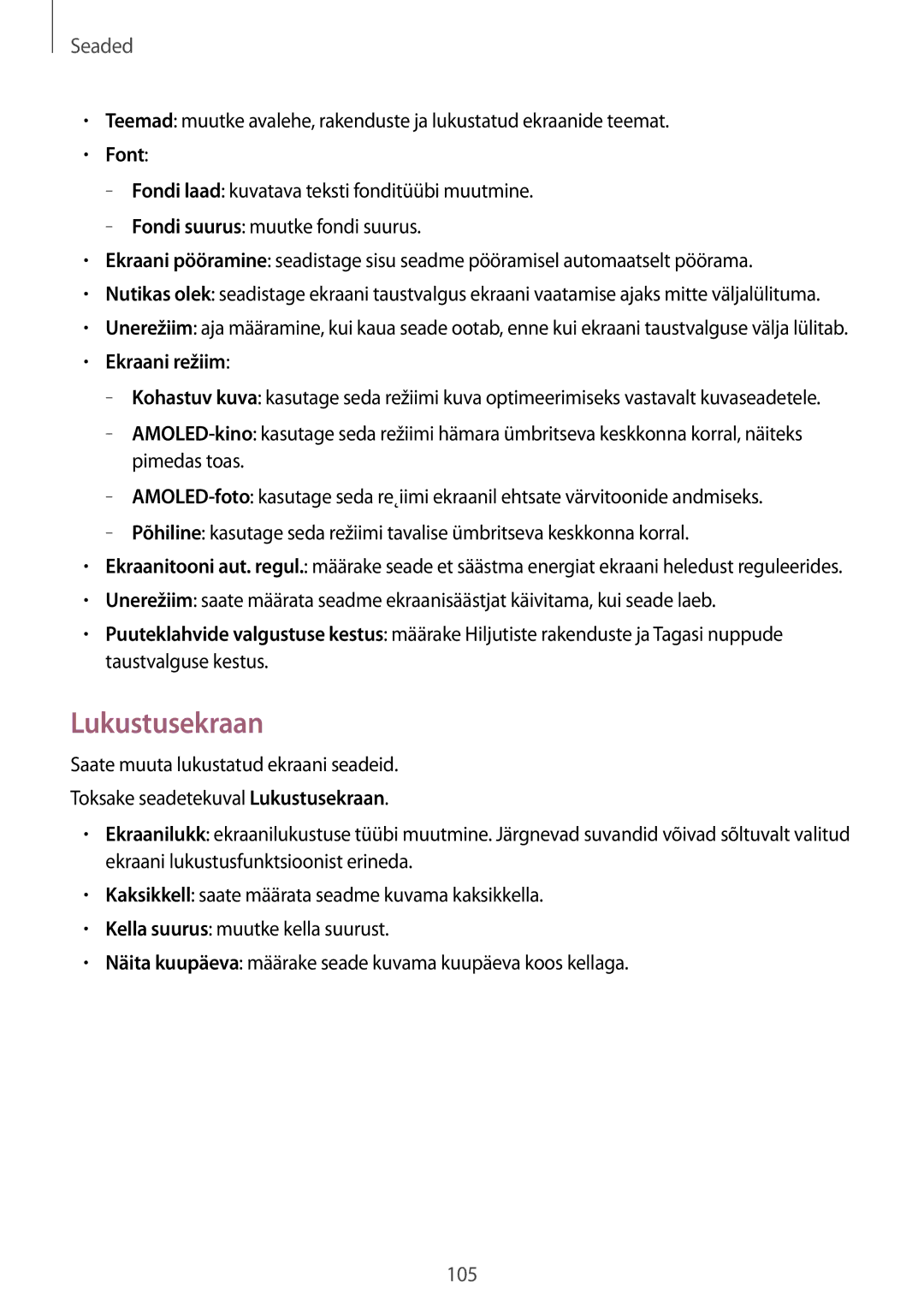 Samsung SM-A300FZKDROM, SM-A300FZWDROM, SM-A300FZDUSEB manual Lukustusekraan, Font, Ekraani režiim 