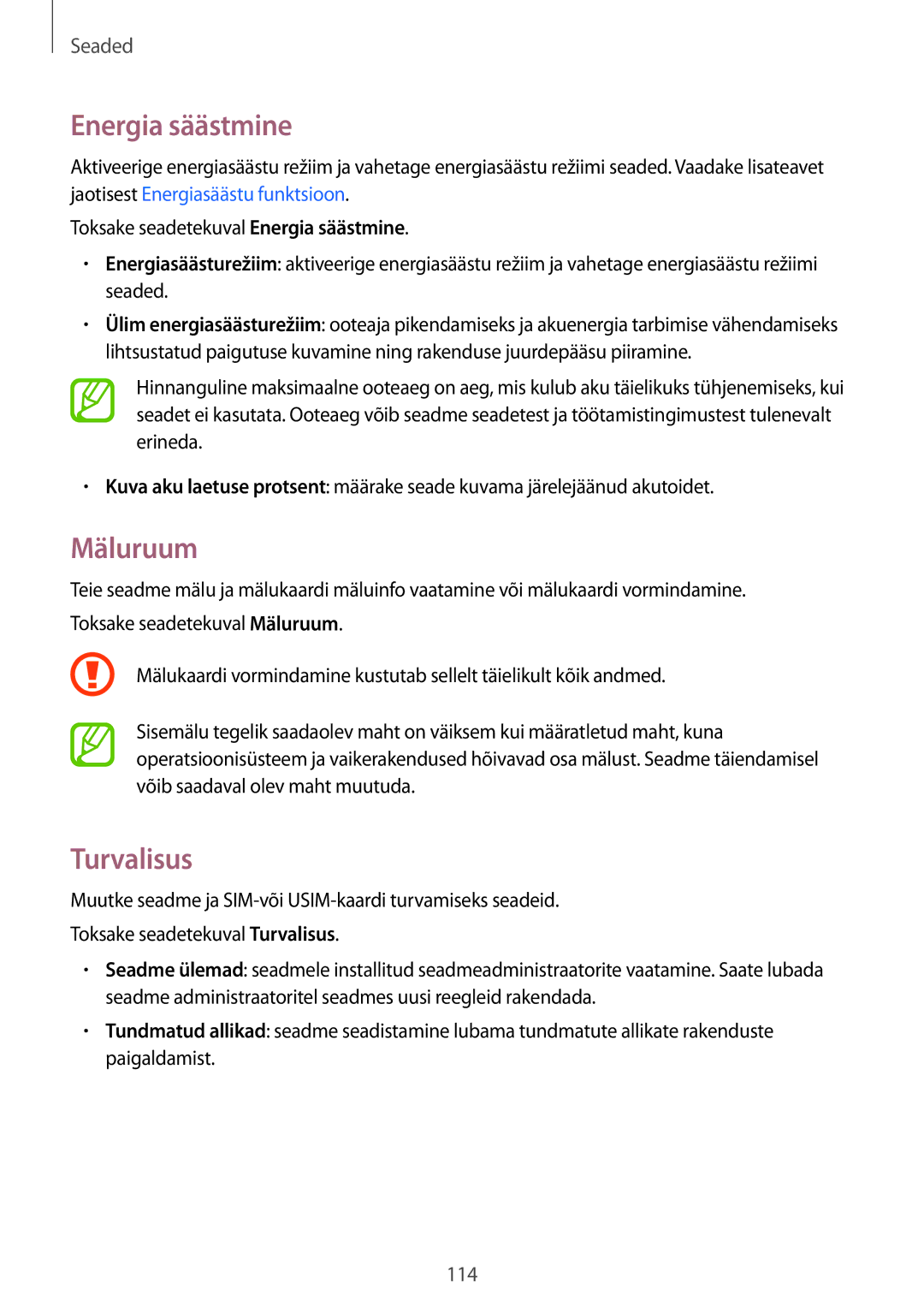 Samsung SM-A300FZKDROM, SM-A300FZWDROM, SM-A300FZDUSEB manual Energia säästmine, Mäluruum, Turvalisus 