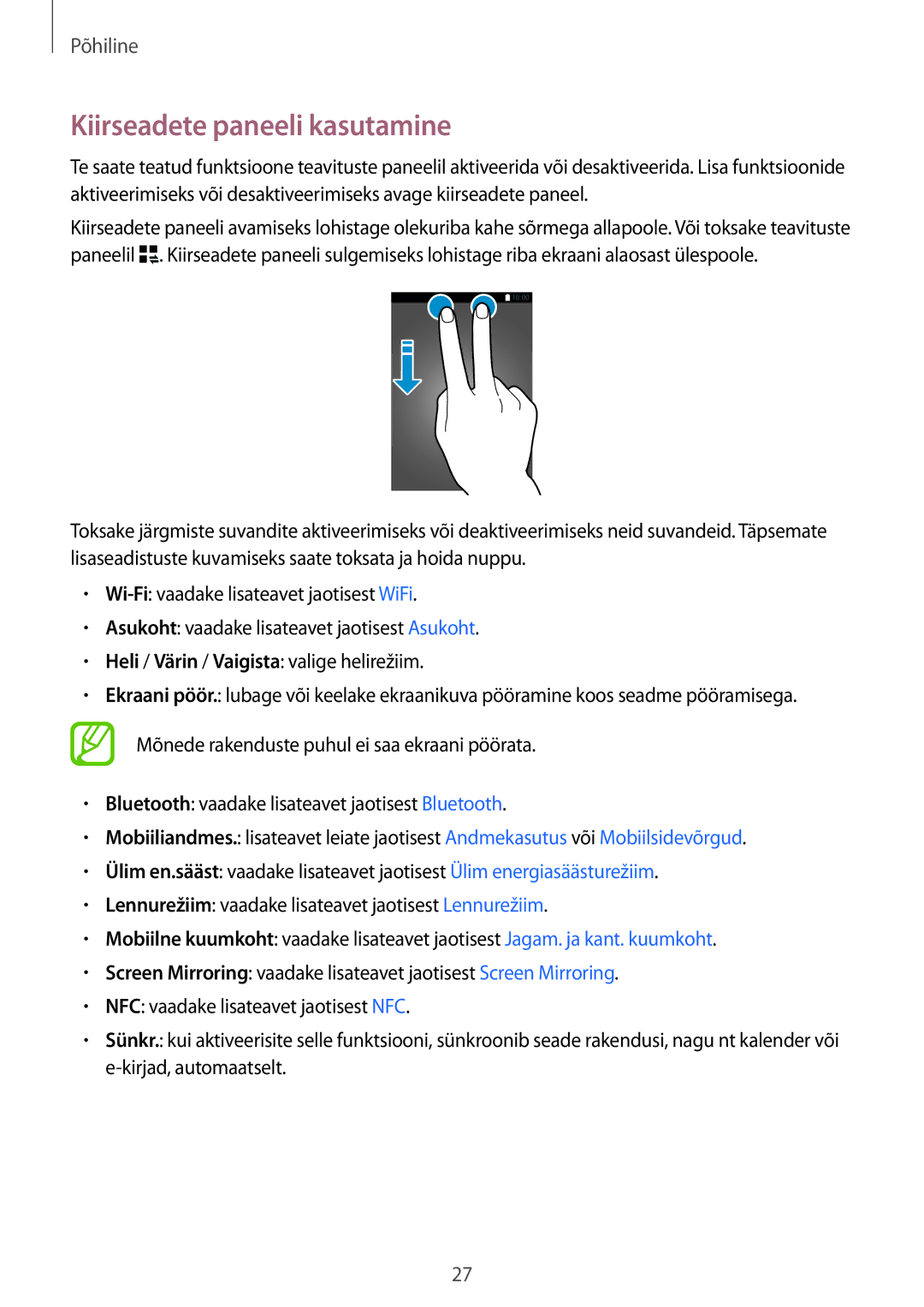 Samsung SM-A300FZKDROM, SM-A300FZWDROM, SM-A300FZDUSEB manual Kiirseadete paneeli kasutamine 