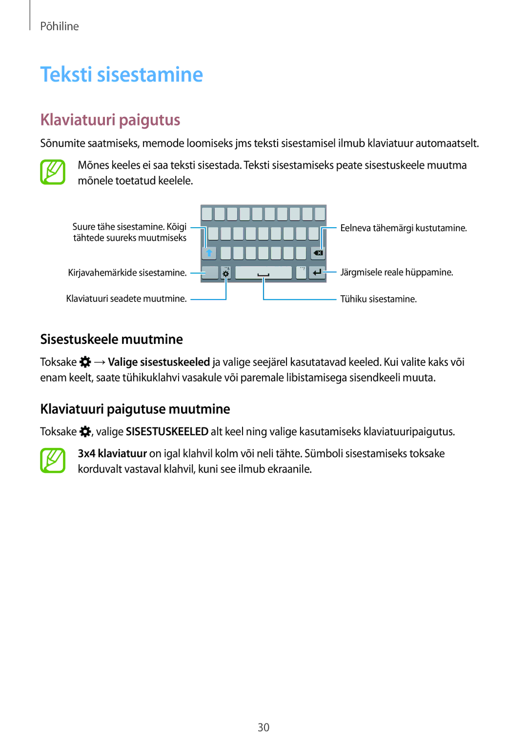 Samsung SM-A300FZKDROM, SM-A300FZWDROM manual Teksti sisestamine, Sisestuskeele muutmine, Klaviatuuri paigutuse muutmine 