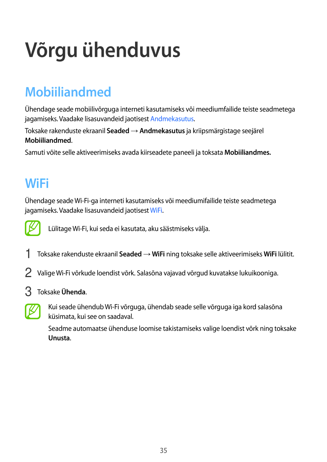 Samsung SM-A300FZDUSEB, SM-A300FZKDROM, SM-A300FZWDROM manual Võrgu ühenduvus, Mobiiliandmed, WiFi 