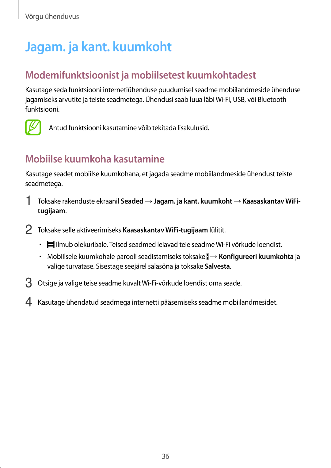 Samsung SM-A300FZKDROM, SM-A300FZWDROM manual Jagam. ja kant. kuumkoht, Modemifunktsioonist ja mobiilsetest kuumkohtadest 