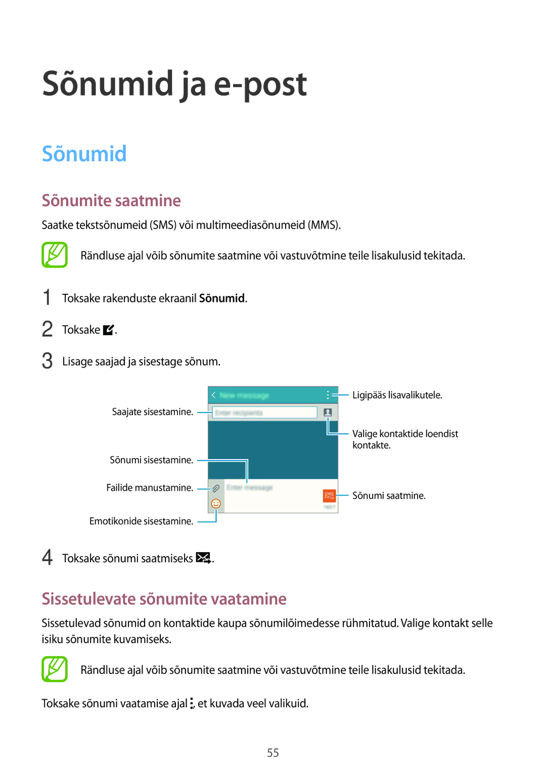 Samsung SM-A300FZWDROM, SM-A300FZKDROM manual Sõnumid ja e-post, Sõnumite saatmine, Sissetulevate sõnumite vaatamine 