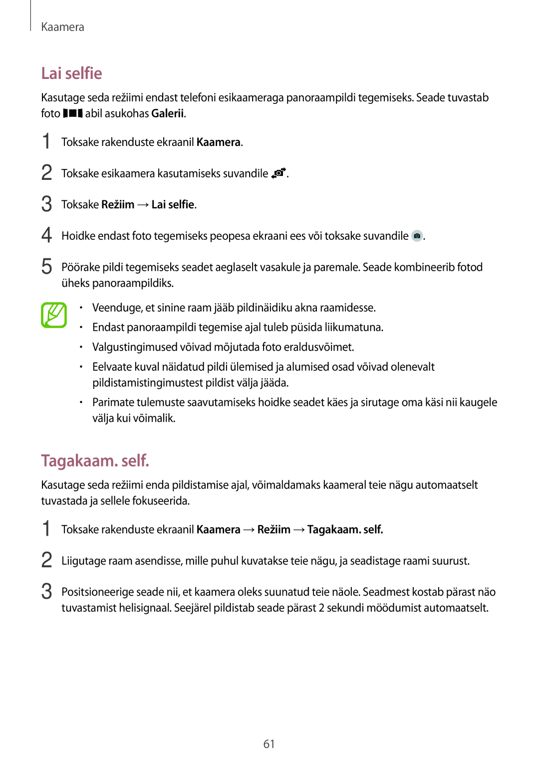 Samsung SM-A300FZWDROM, SM-A300FZKDROM, SM-A300FZDUSEB manual Tagakaam. self, Toksake Režiim →Lai selfie 