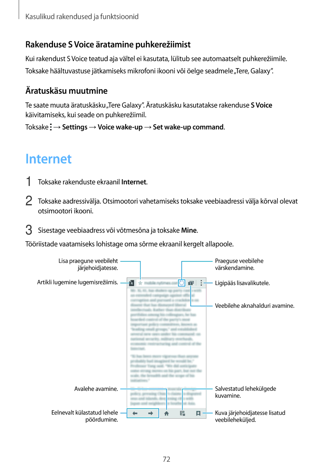 Samsung SM-A300FZKDROM, SM-A300FZWDROM manual Internet, Rakenduse S Voice äratamine puhkerežiimist, Äratuskäsu muutmine 