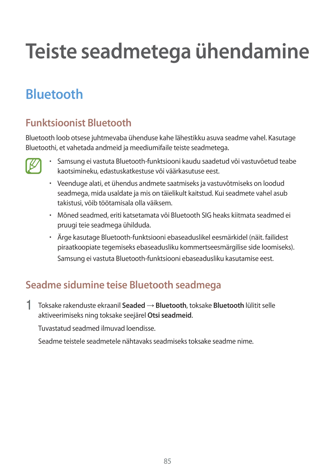 Samsung SM-A300FZWDROM, SM-A300FZKDROM manual Funktsioonist Bluetooth, Seadme sidumine teise Bluetooth seadmega 