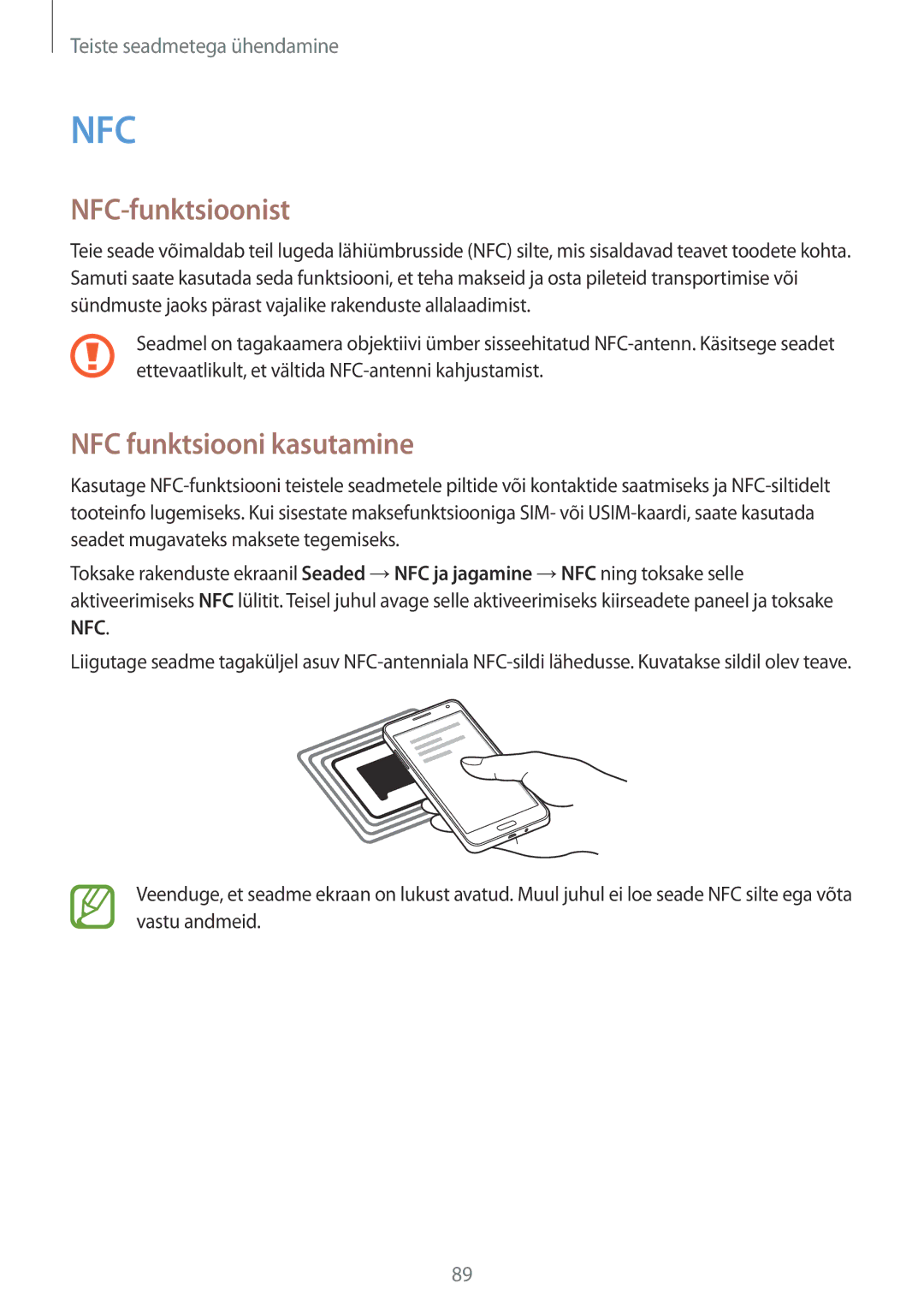 Samsung SM-A300FZDUSEB, SM-A300FZKDROM, SM-A300FZWDROM manual NFC-funktsioonist, NFC funktsiooni kasutamine 