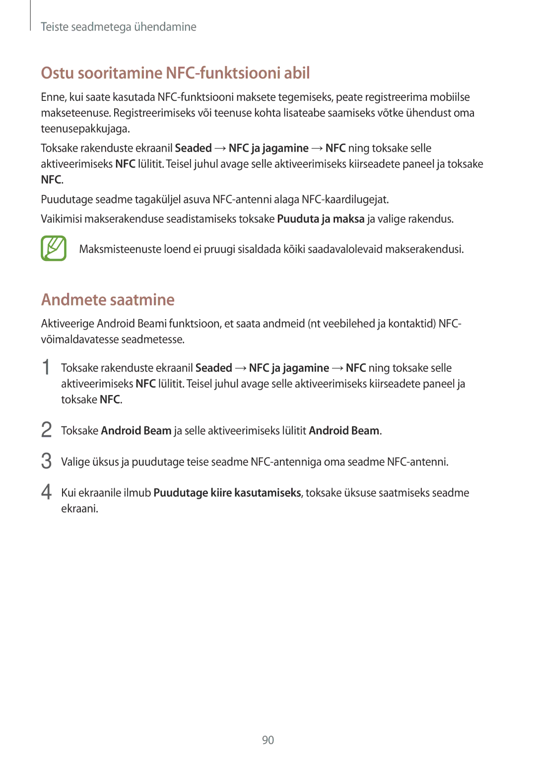 Samsung SM-A300FZKDROM, SM-A300FZWDROM, SM-A300FZDUSEB manual Ostu sooritamine NFC-funktsiooni abil, Andmete saatmine 