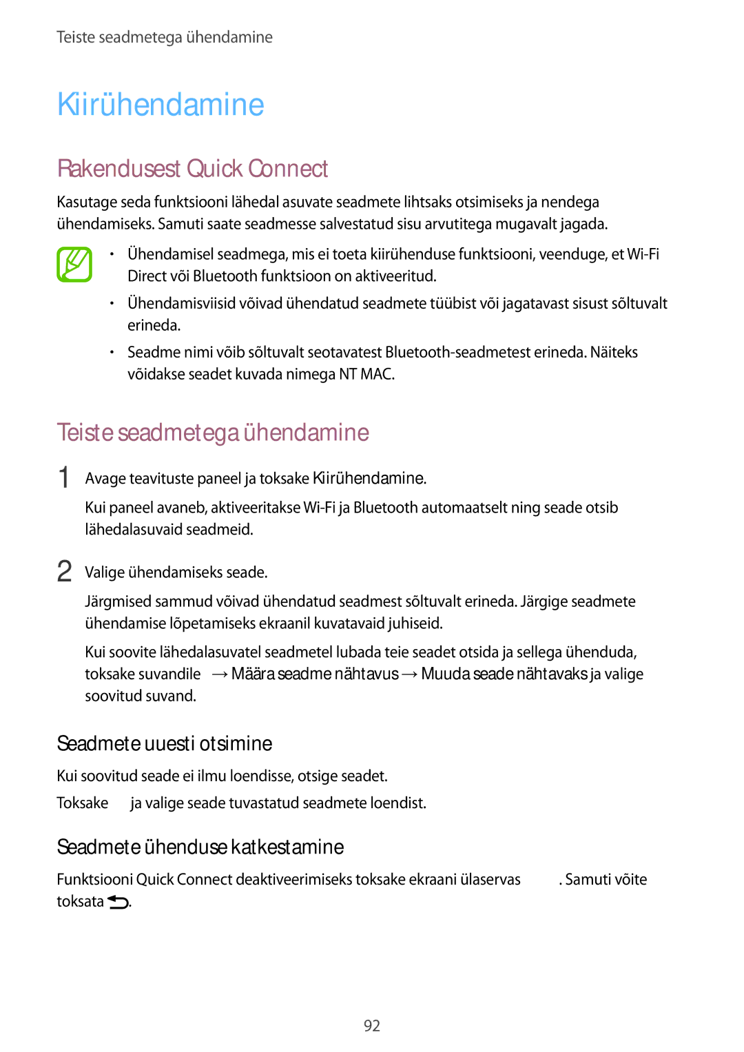 Samsung SM-A300FZDUSEB Kiirühendamine, Rakendusest Quick Connect, Seadmete uuesti otsimine, Seadmete ühenduse katkestamine 