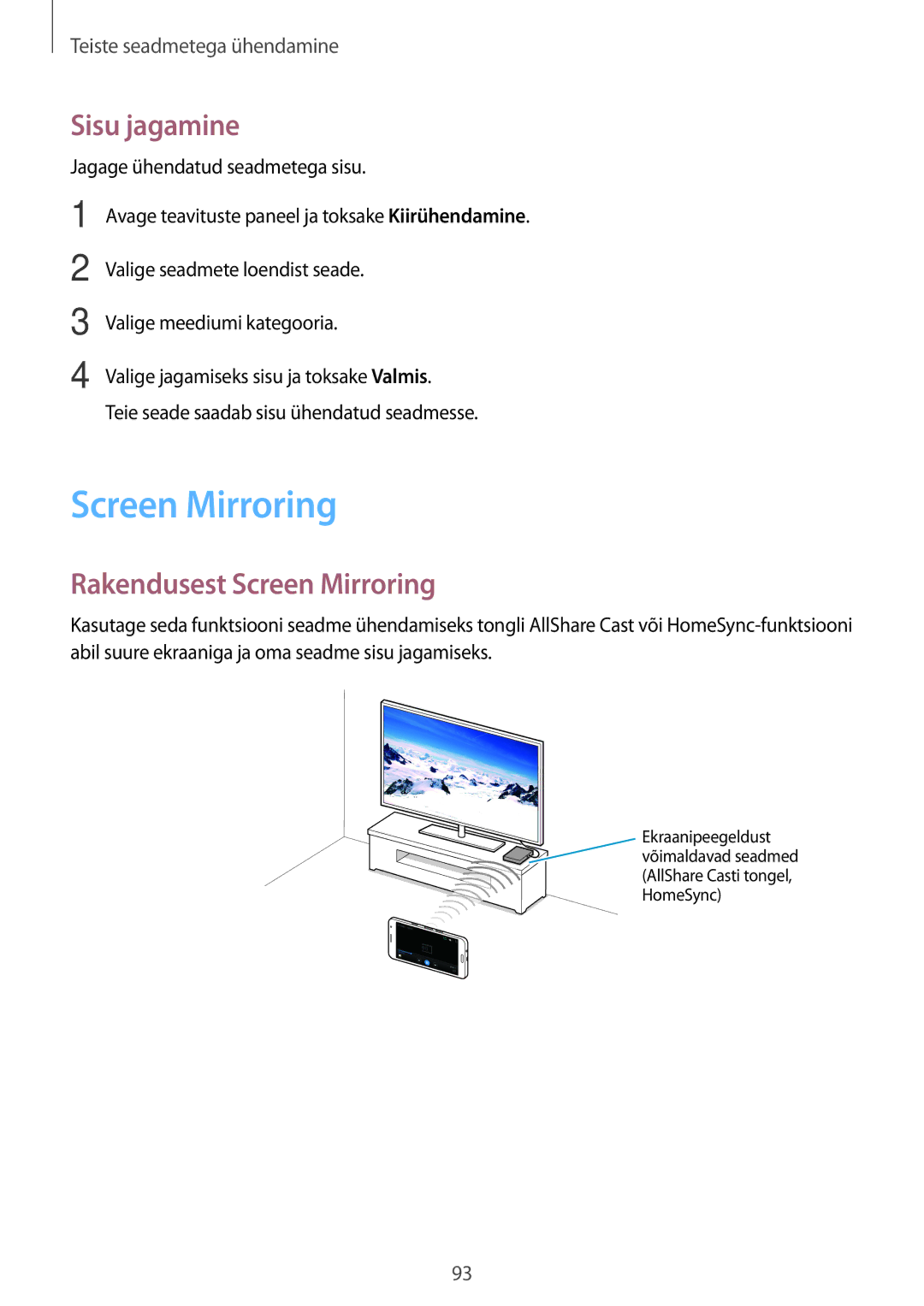 Samsung SM-A300FZKDROM, SM-A300FZWDROM, SM-A300FZDUSEB manual Sisu jagamine, Rakendusest Screen Mirroring 