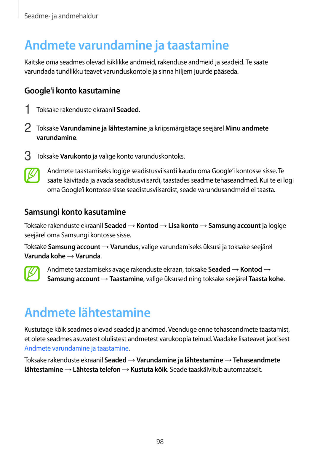 Samsung SM-A300FZDUSEB, SM-A300FZKDROM Andmete varundamine ja taastamine, Andmete lähtestamine, Googlei konto kasutamine 