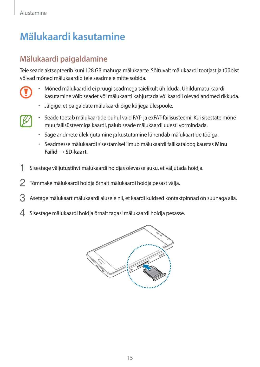 Samsung SM-A300FZKDROM, SM-A300FZWDROM, SM-A300FZDUSEB manual Mälukaardi kasutamine, Mälukaardi paigaldamine 