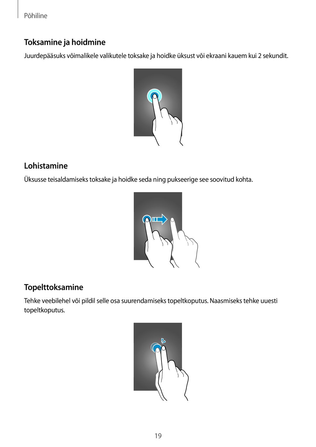 Samsung SM-A300FZWDROM, SM-A300FZKDROM, SM-A300FZDUSEB manual Toksamine ja hoidmine, Lohistamine, Topelttoksamine 