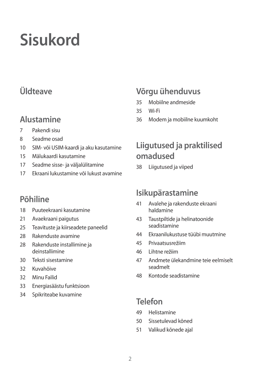 Samsung SM-A300FZDUSEB, SM-A300FZKDROM, SM-A300FZWDROM manual Sisukord, Üldteave Alustamine 