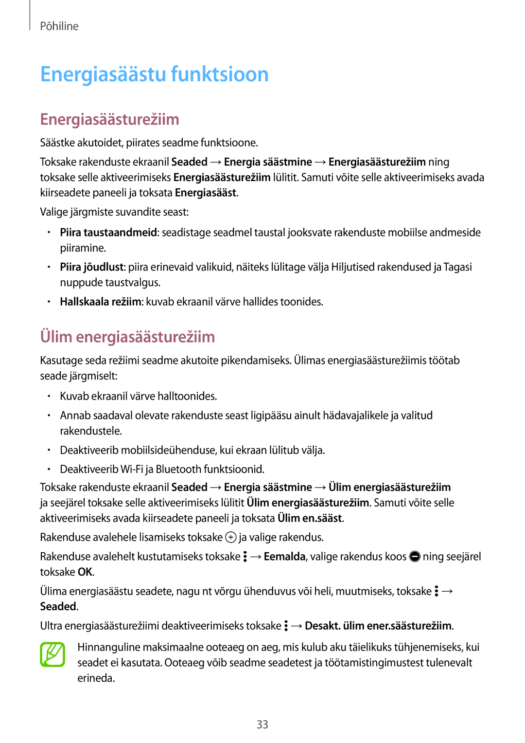 Samsung SM-A300FZKDROM, SM-A300FZWDROM manual Energiasäästu funktsioon, Energiasäästurežiim, Ülim energiasäästurežiim 