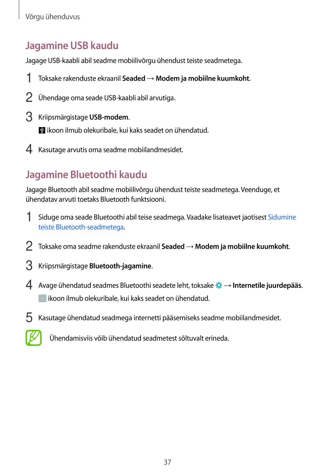 Samsung SM-A300FZWDROM, SM-A300FZKDROM, SM-A300FZDUSEB manual Jagamine USB kaudu, Jagamine Bluetoothi kaudu 