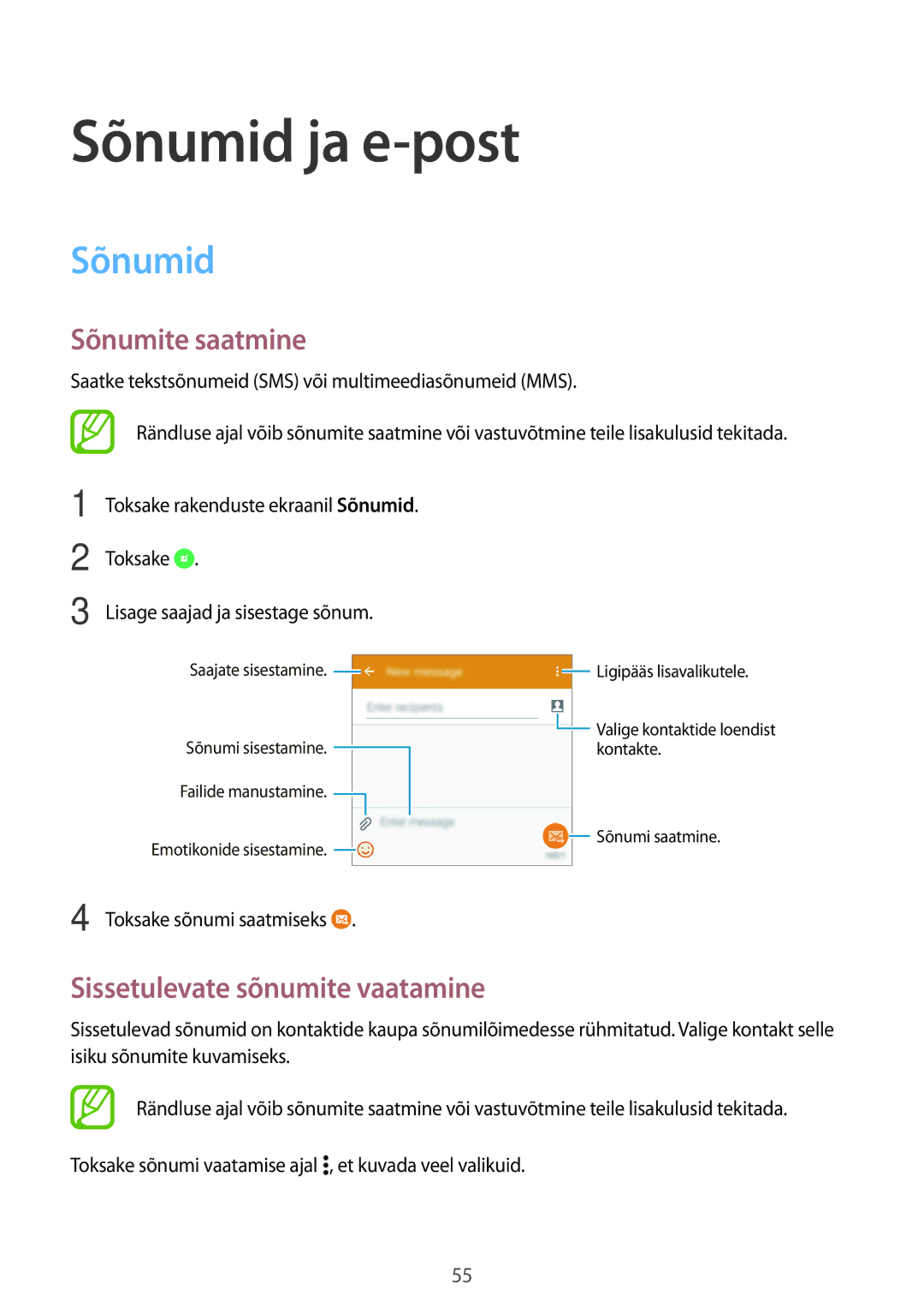 Samsung SM-A300FZWDROM, SM-A300FZKDROM manual Sõnumid ja e-post, Sõnumite saatmine, Sissetulevate sõnumite vaatamine 