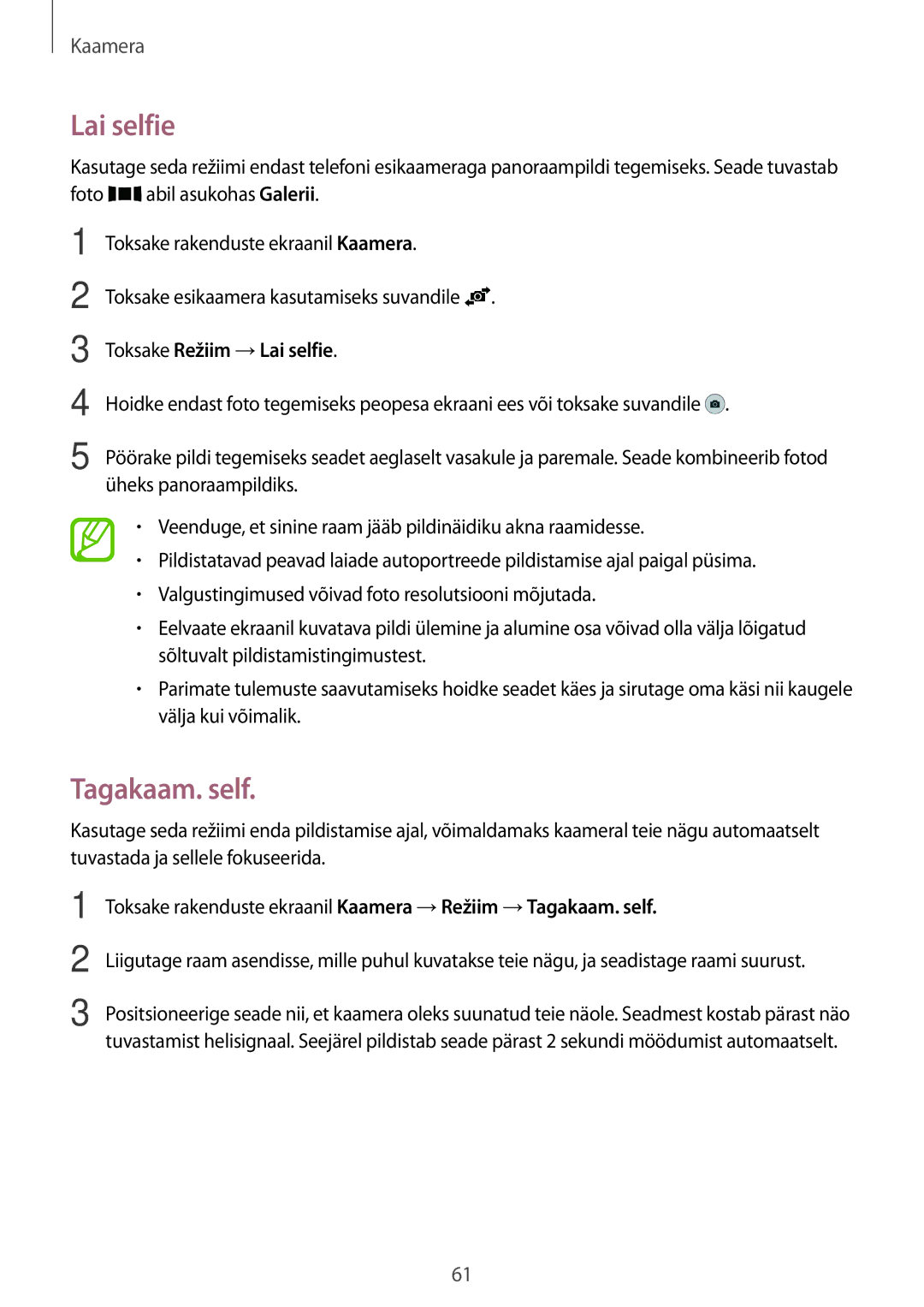 Samsung SM-A300FZWDROM, SM-A300FZKDROM, SM-A300FZDUSEB manual Tagakaam. self, Toksake Režiim →Lai selfie 