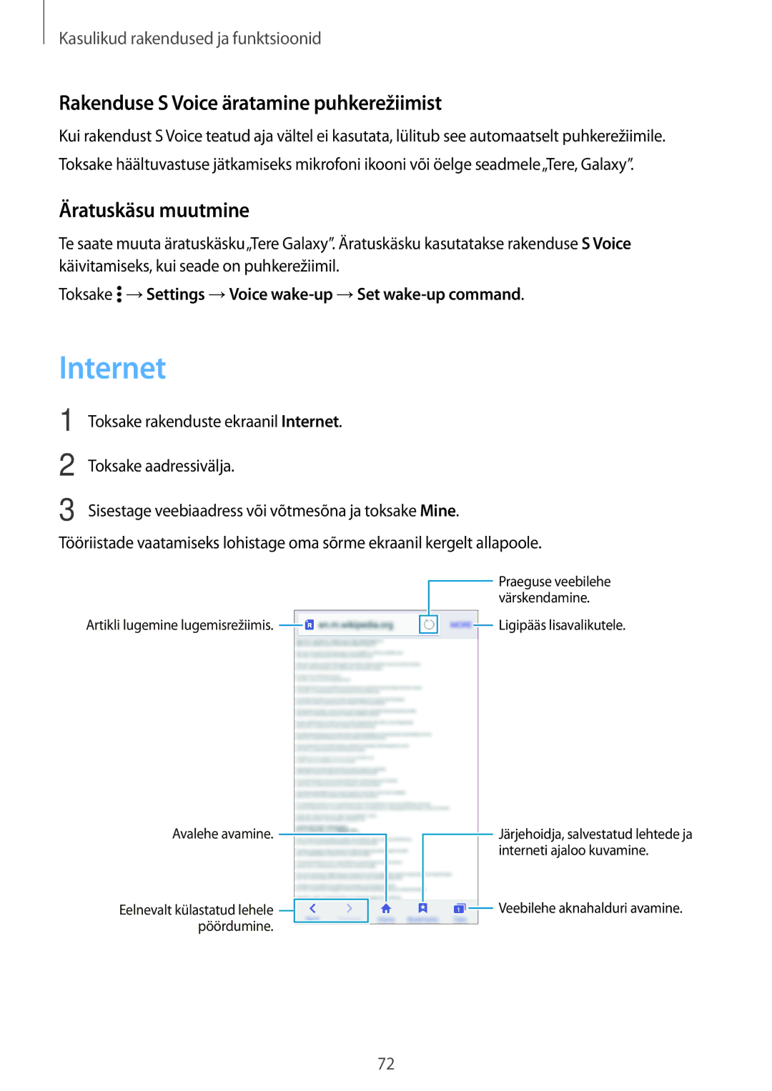 Samsung SM-A300FZKDROM, SM-A300FZWDROM manual Internet, Rakenduse S Voice äratamine puhkerežiimist, Äratuskäsu muutmine 