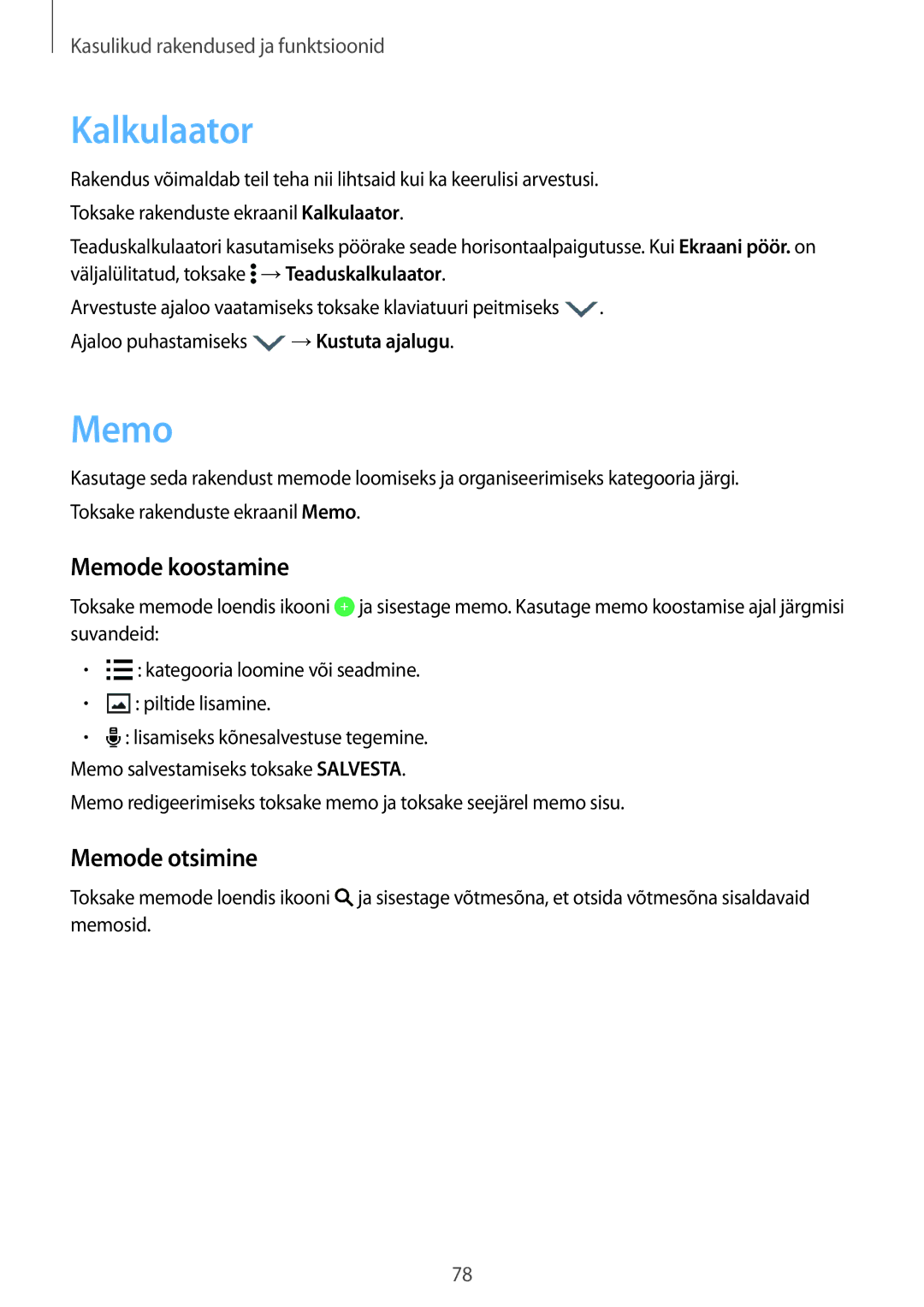 Samsung SM-A300FZKDROM, SM-A300FZWDROM, SM-A300FZDUSEB manual Kalkulaator, Memode koostamine, Memode otsimine 