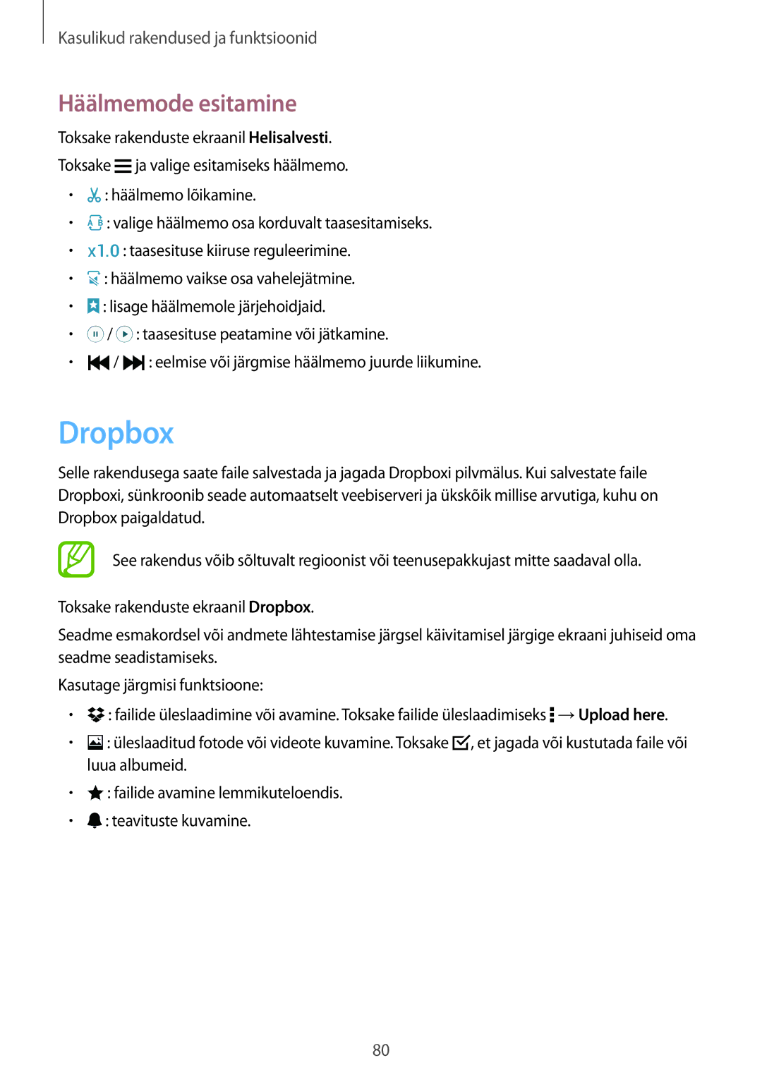 Samsung SM-A300FZDUSEB, SM-A300FZKDROM, SM-A300FZWDROM manual Dropbox, Häälmemode esitamine 