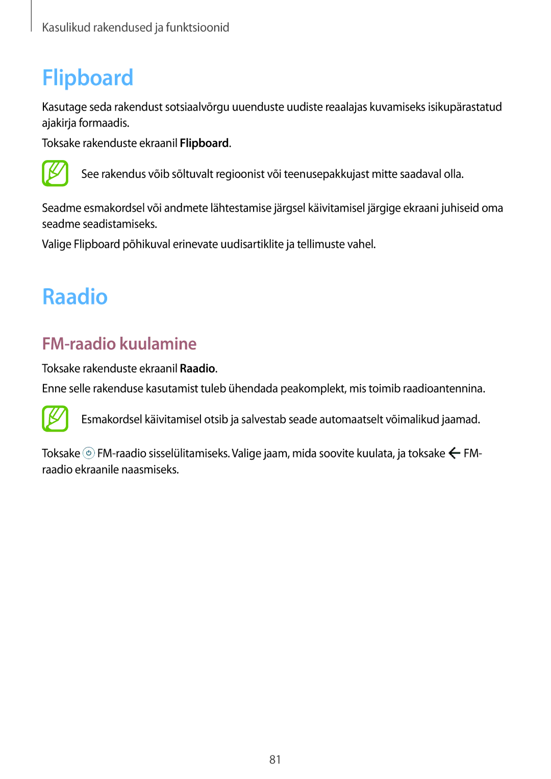 Samsung SM-A300FZKDROM, SM-A300FZWDROM, SM-A300FZDUSEB manual Flipboard, Raadio, FM-raadio kuulamine 