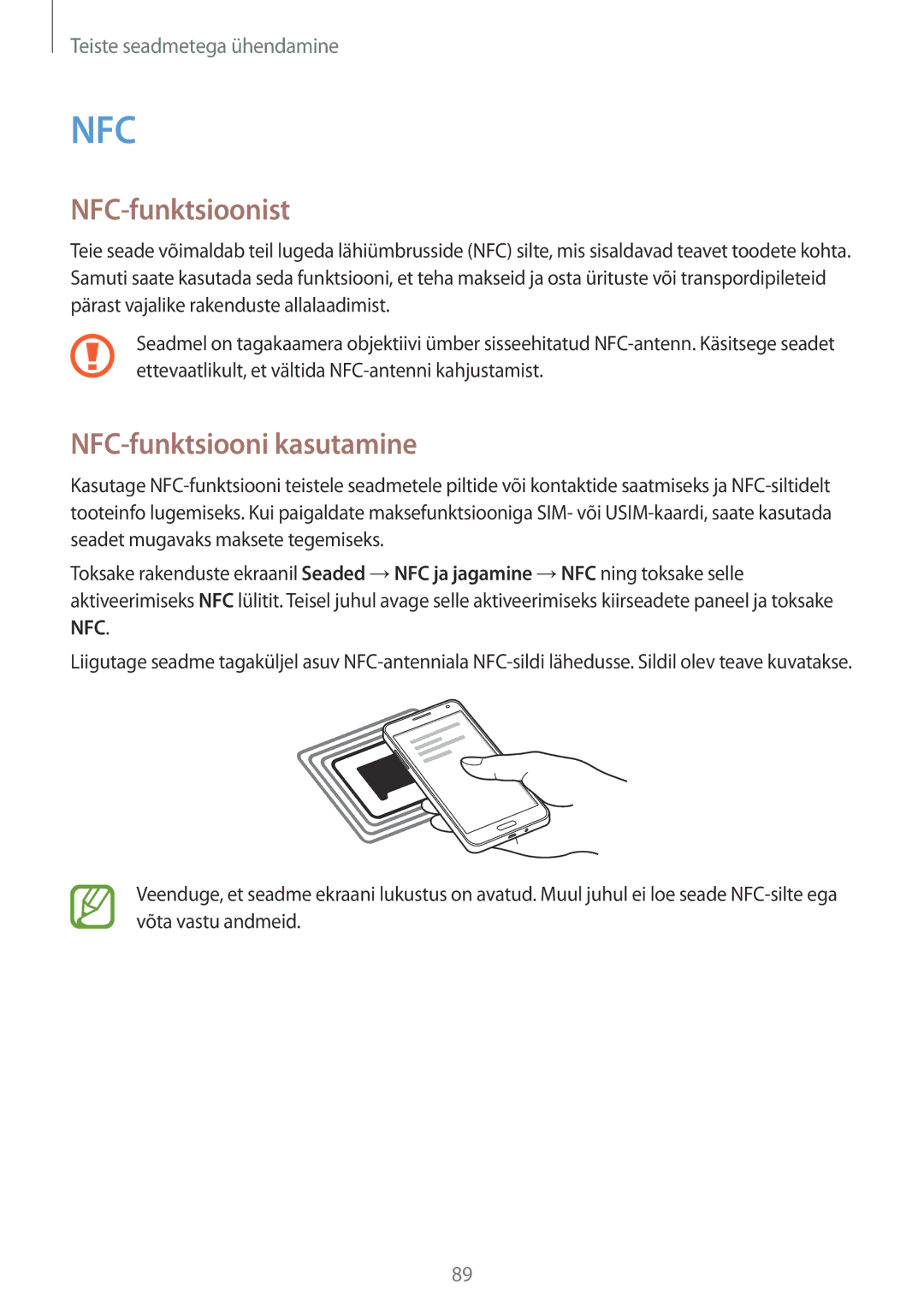 Samsung SM-A300FZDUSEB, SM-A300FZKDROM, SM-A300FZWDROM manual NFC-funktsioonist, NFC-funktsiooni kasutamine 