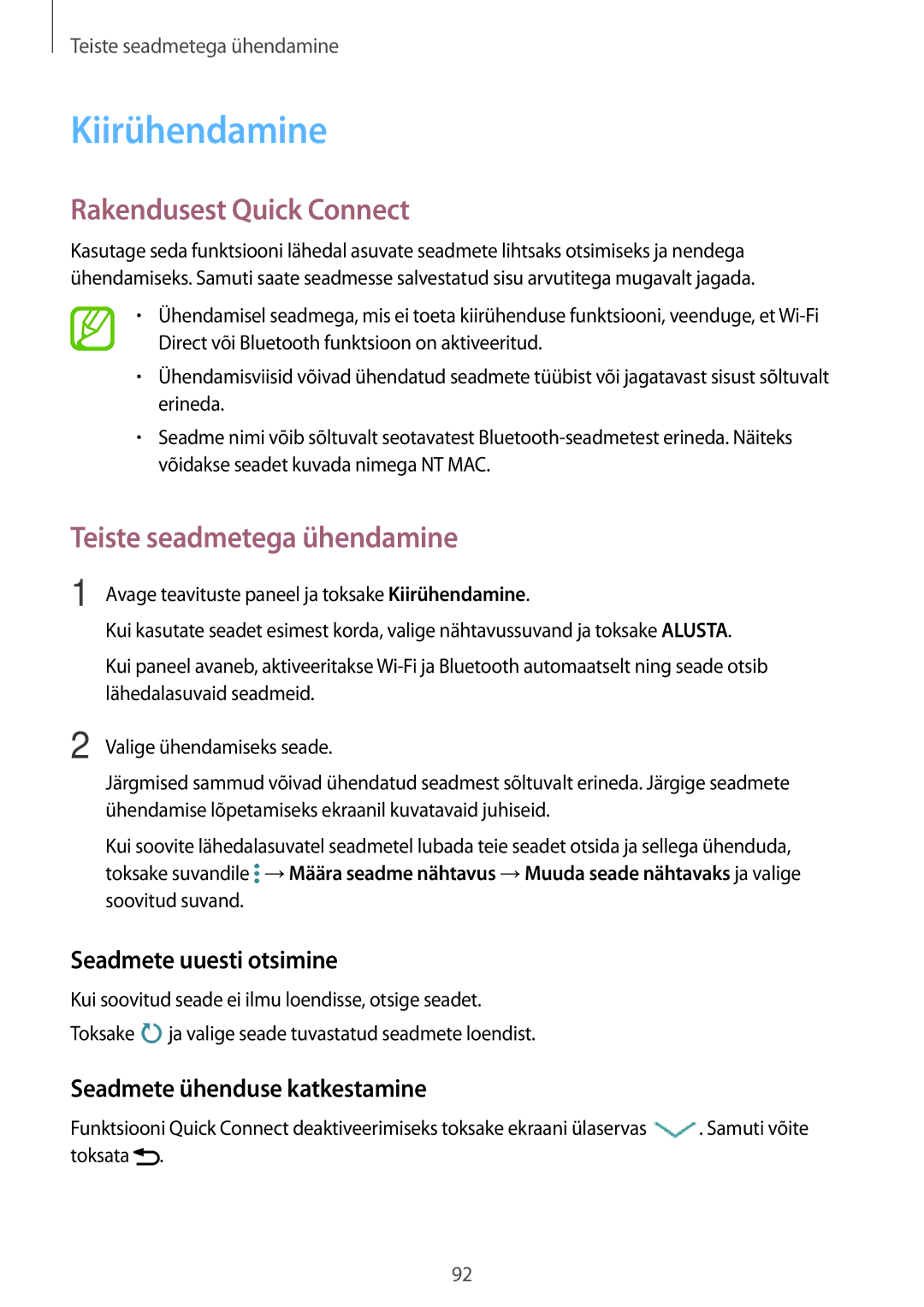 Samsung SM-A300FZDUSEB Kiirühendamine, Rakendusest Quick Connect, Seadmete uuesti otsimine, Seadmete ühenduse katkestamine 