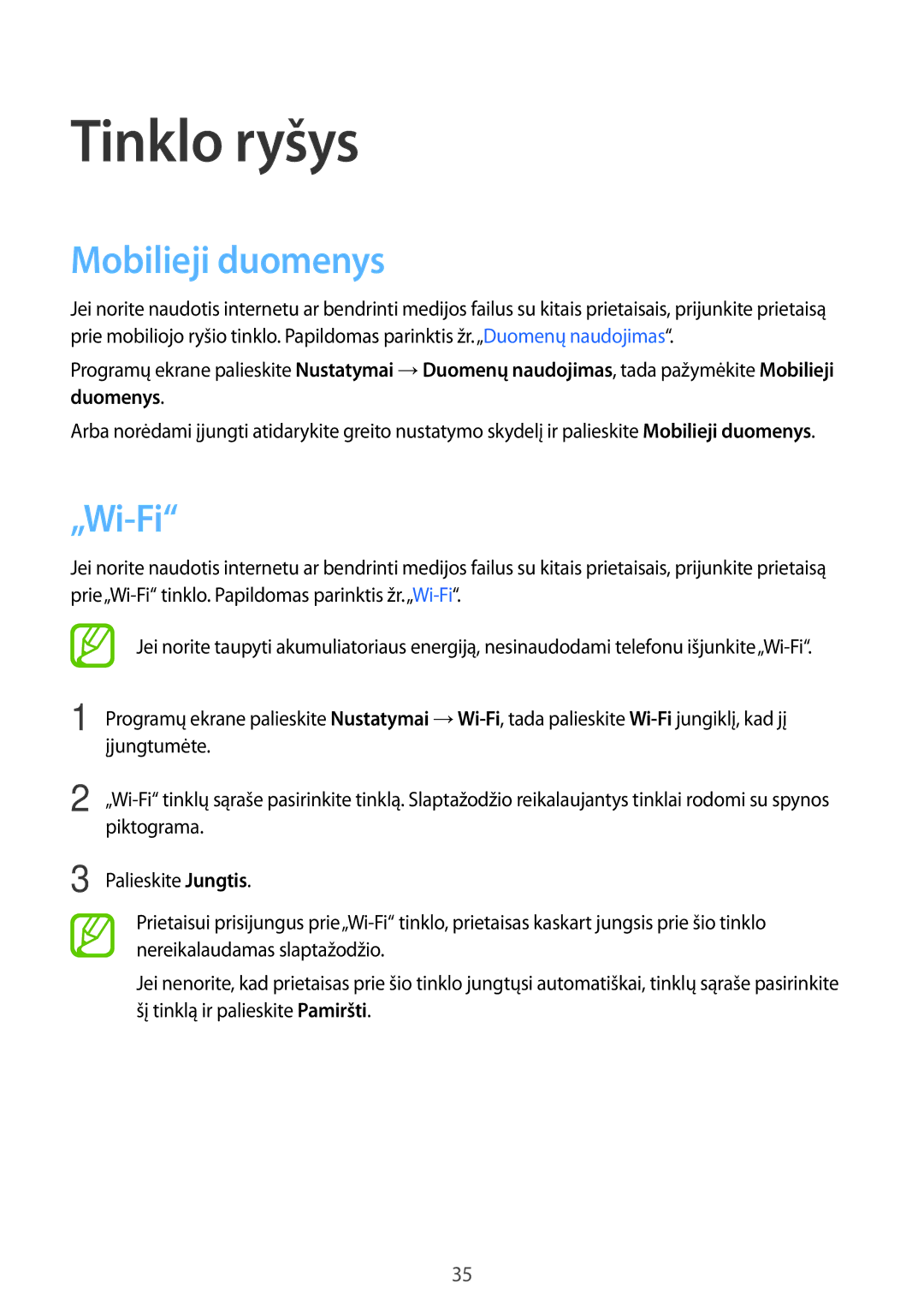 Samsung SM-A300FZDUSEB, SM-A300FZKDROM, SM-A300FZWDROM manual Tinklo ryšys, Mobilieji duomenys, „Wi-Fi 