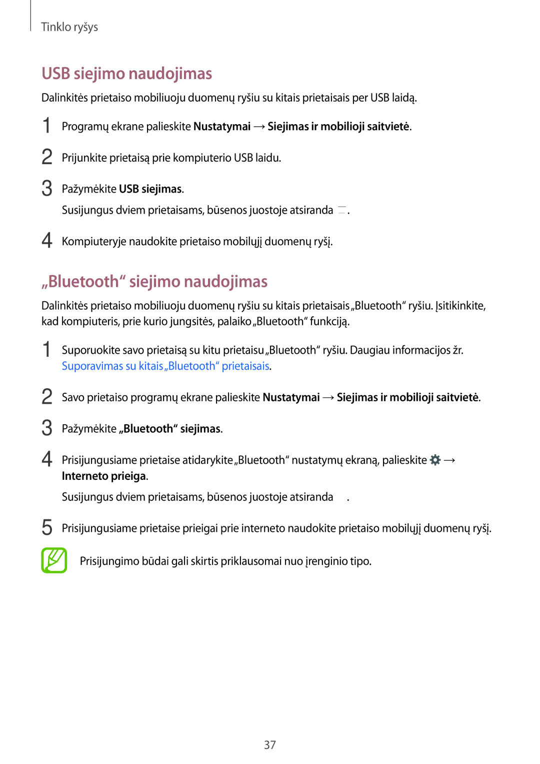 Samsung SM-A300FZWDROM manual USB siejimo naudojimas, „Bluetooth siejimo naudojimas, Pažymėkite „Bluetooth siejimas 