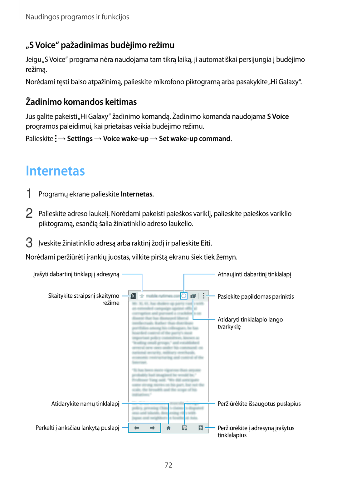 Samsung SM-A300FZKDROM, SM-A300FZWDROM manual Internetas, „S Voice pažadinimas budėjimo režimu, Žadinimo komandos keitimas 