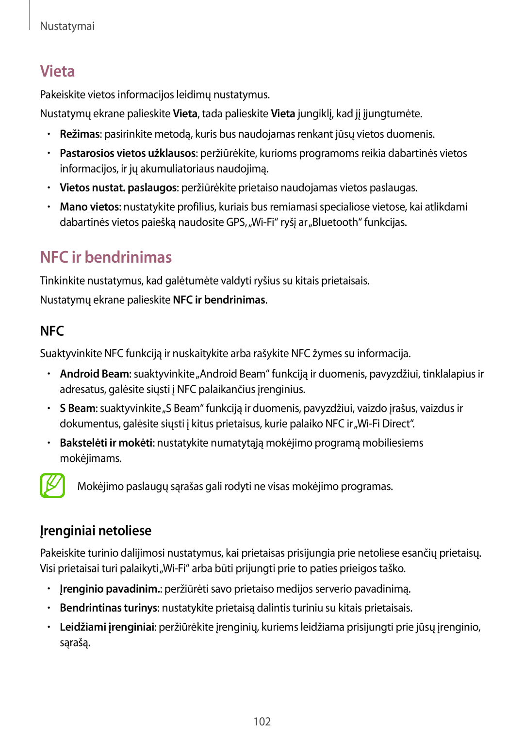 Samsung SM-A300FZKDROM, SM-A300FZWDROM, SM-A300FZDUSEB manual Vieta, NFC ir bendrinimas, Įrenginiai netoliese 