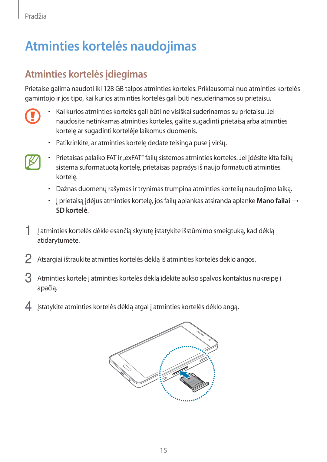 Samsung SM-A300FZKDROM, SM-A300FZWDROM, SM-A300FZDUSEB manual Atminties kortelės naudojimas, Atminties kortelės įdiegimas 