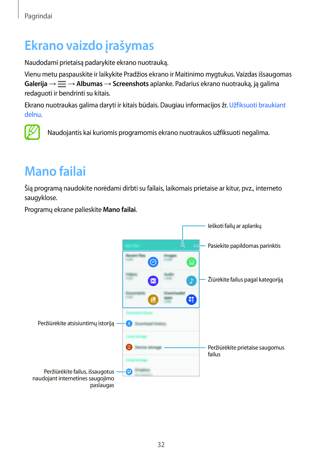 Samsung SM-A300FZDUSEB, SM-A300FZKDROM, SM-A300FZWDROM manual Ekrano vaizdo įrašymas, Mano failai 