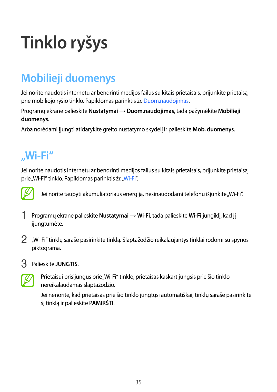 Samsung SM-A300FZDUSEB, SM-A300FZKDROM, SM-A300FZWDROM manual Tinklo ryšys, Mobilieji duomenys, „Wi-Fi 