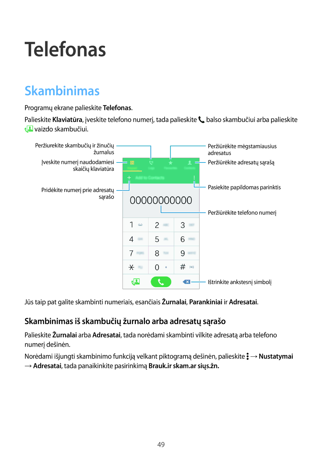 Samsung SM-A300FZWDROM, SM-A300FZKDROM, SM-A300FZDUSEB Telefonas, Skambinimas iš skambučių žurnalo arba adresatų sąrašo 